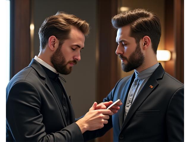 Barber and client discussing hair color options, showing a relaxed and professional interaction with color swatches