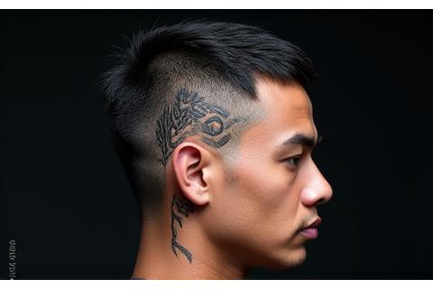Tribal art inspired hair tattoo design with bold, thick lines and cultural motifs.