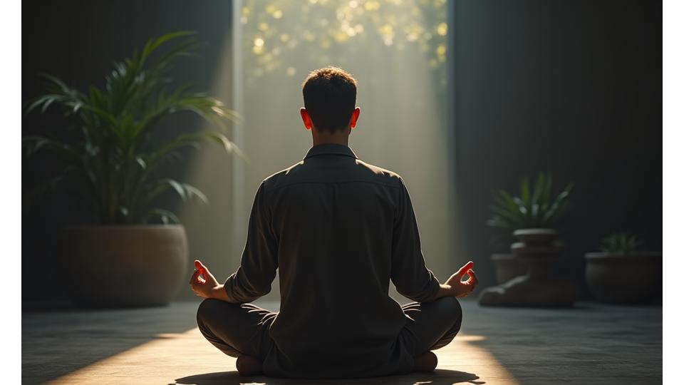Man in a tranquil setting, meditating to represent holistic wellness