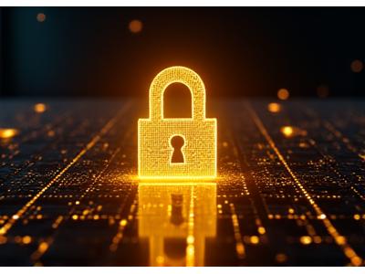 A secure padlock symbol superimposed over a modern website interface, representing digital security and intellectual property protection